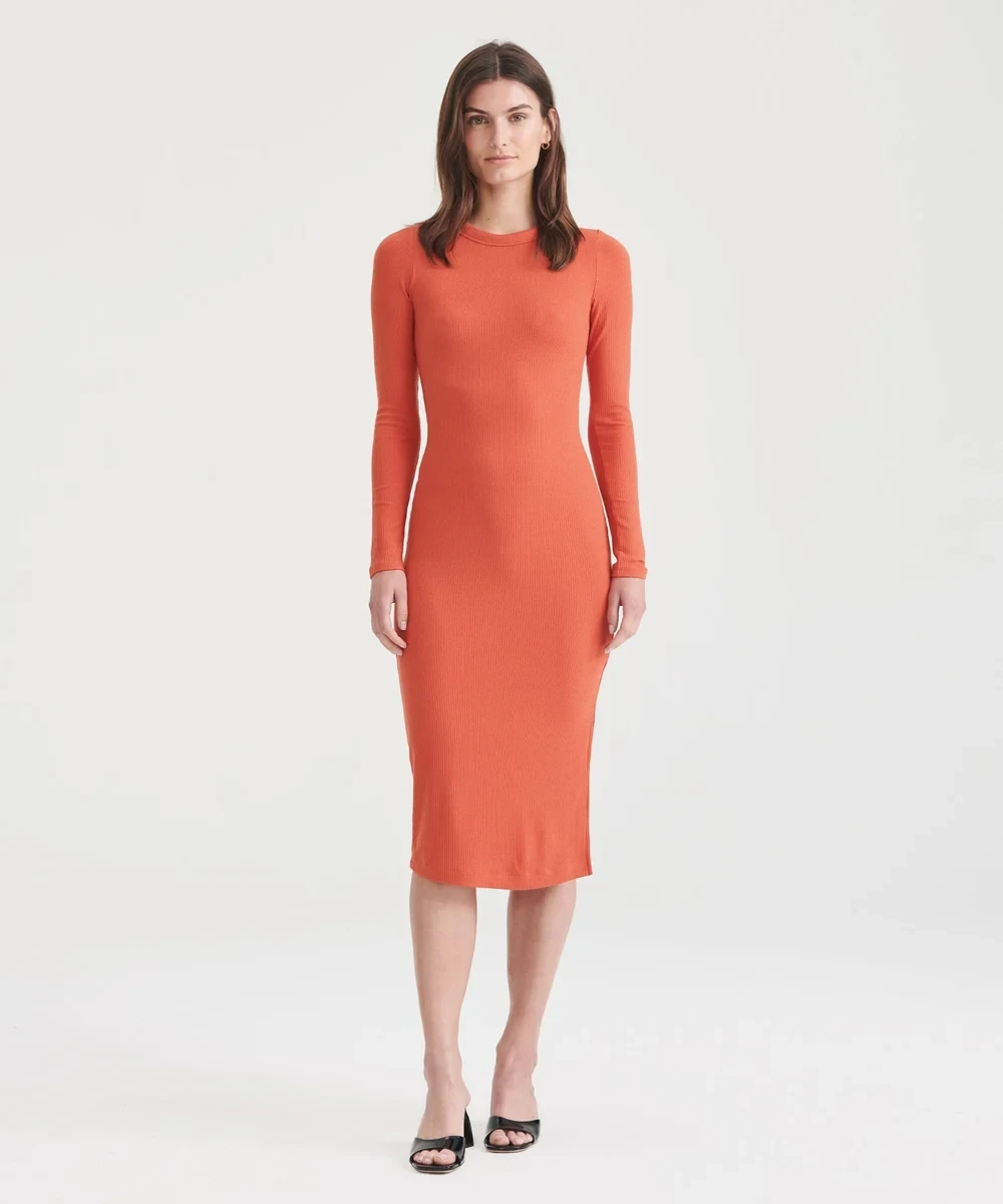 Ribbed Modal Cashmere Crewneck Midi Dress