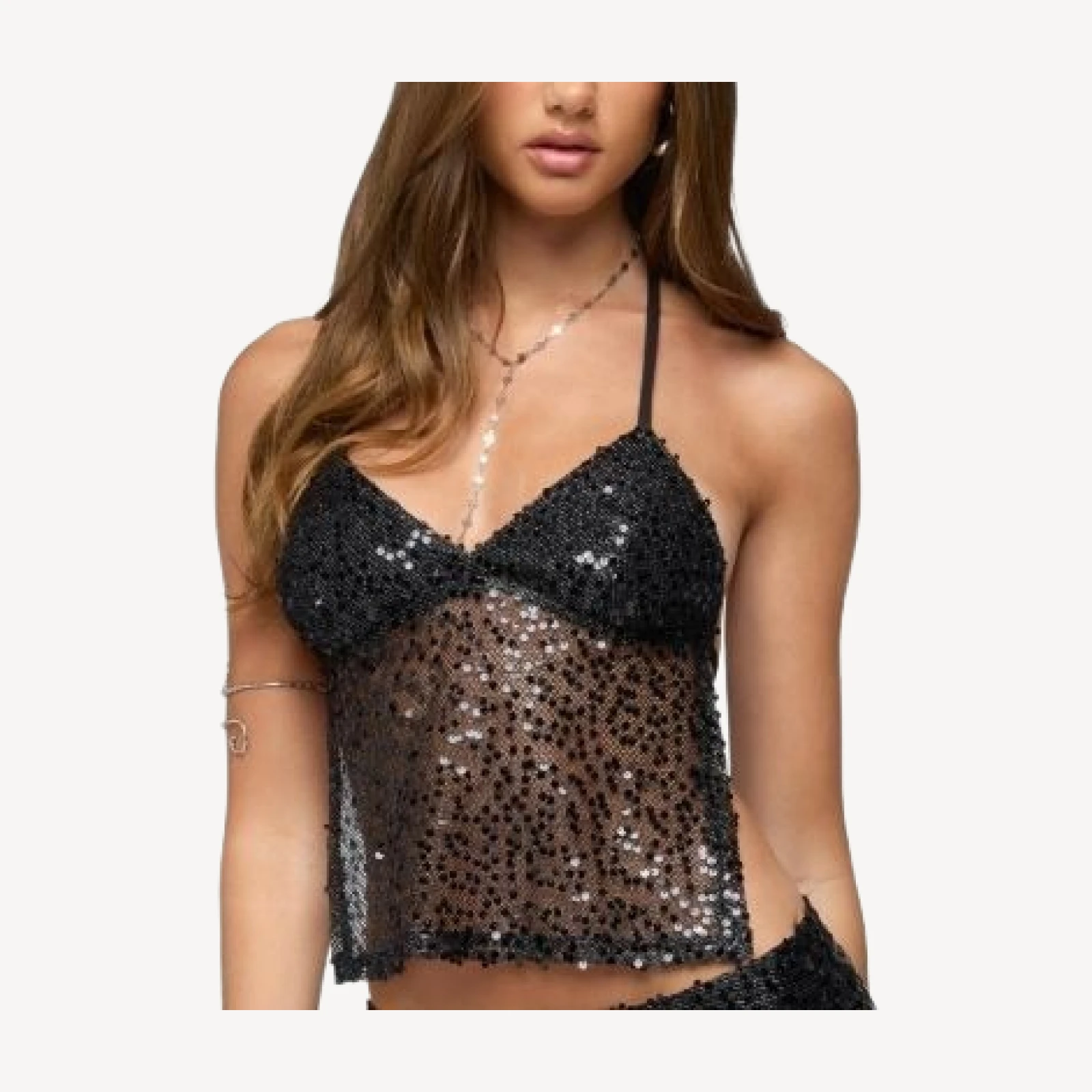Edikted Annael Sequin Net Backless Halter Top