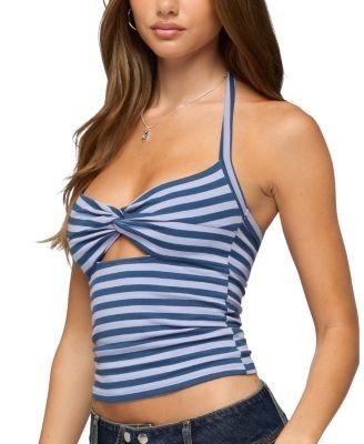 Edikted Twist Front Cutout Striped Halter Top