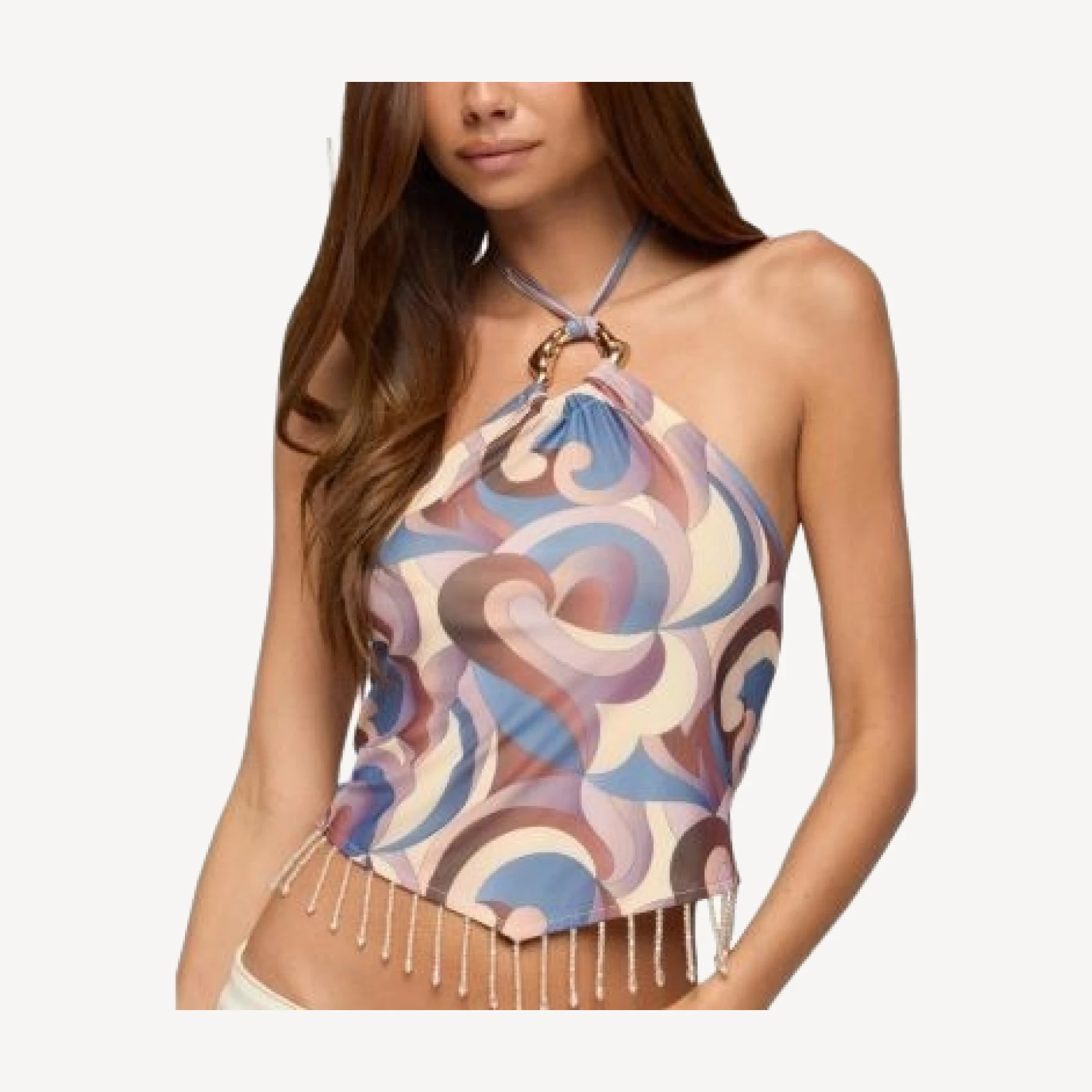 Edikted Beaded Fringe Printed Mesh Halter Top