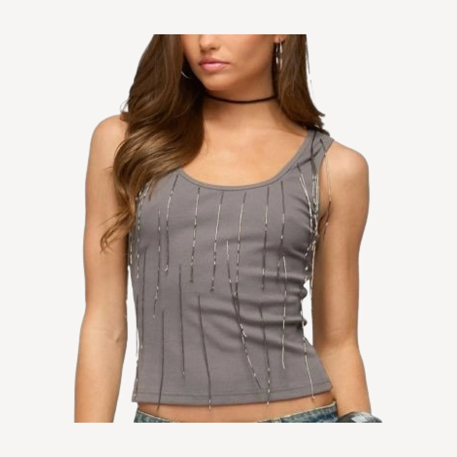 Edikted Beaded Fringe Ribbed Tank Top