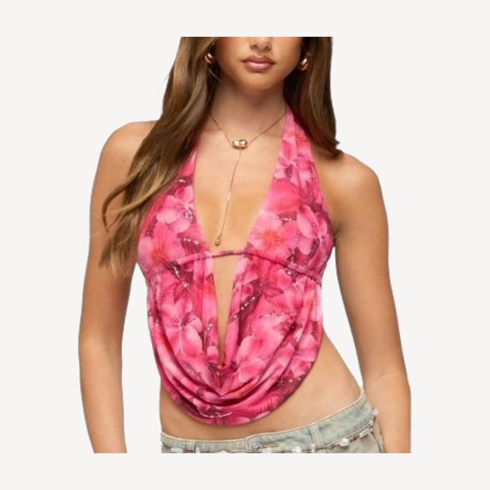 Edikted Floral Mesh Backless Cowl Neck Top