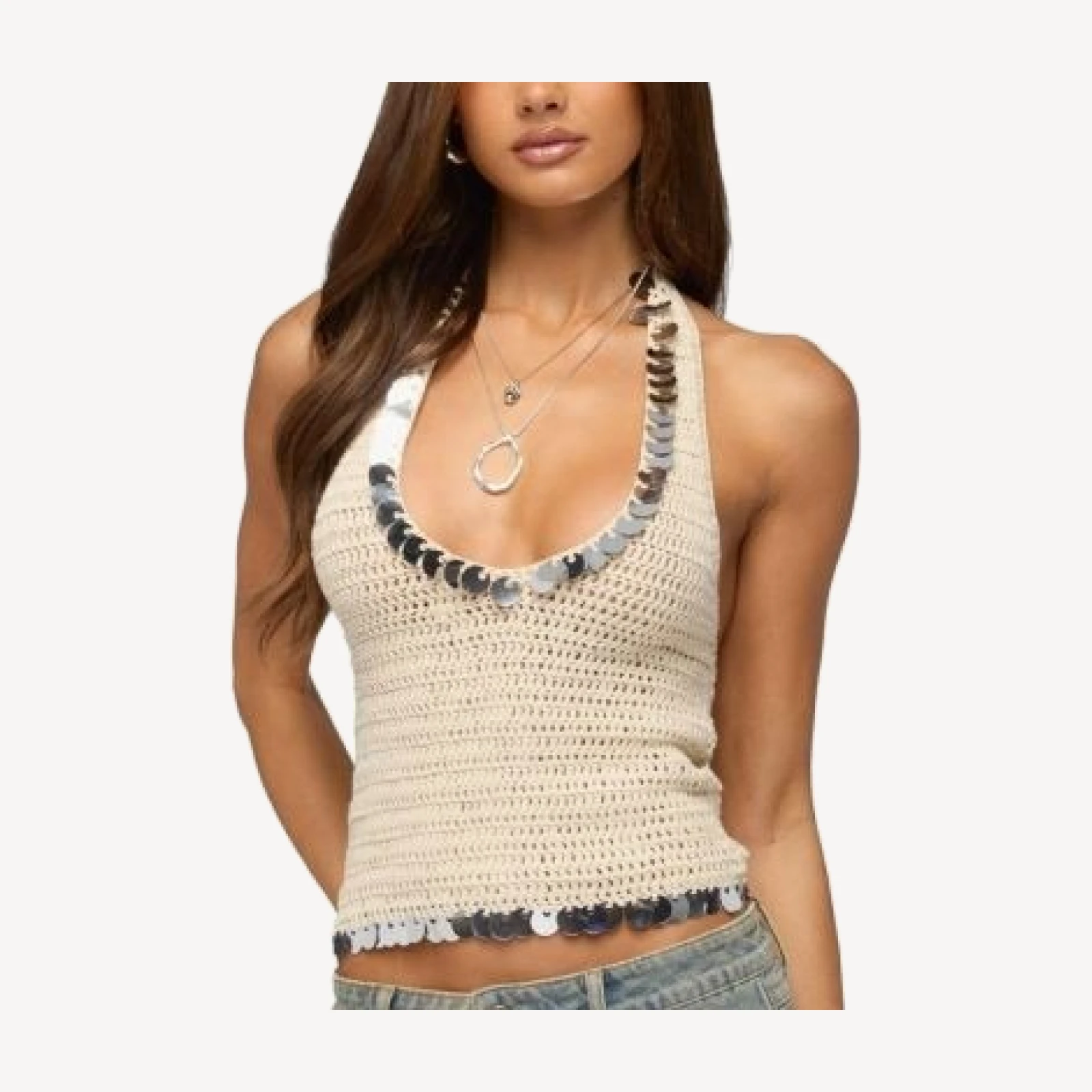Edikted Kimiko Sequin Crochet Halter Top