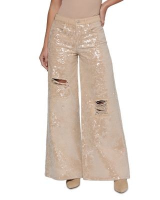 L'Agence Quincy Sequin High Rise Wide Leg Jeans in Light Almond