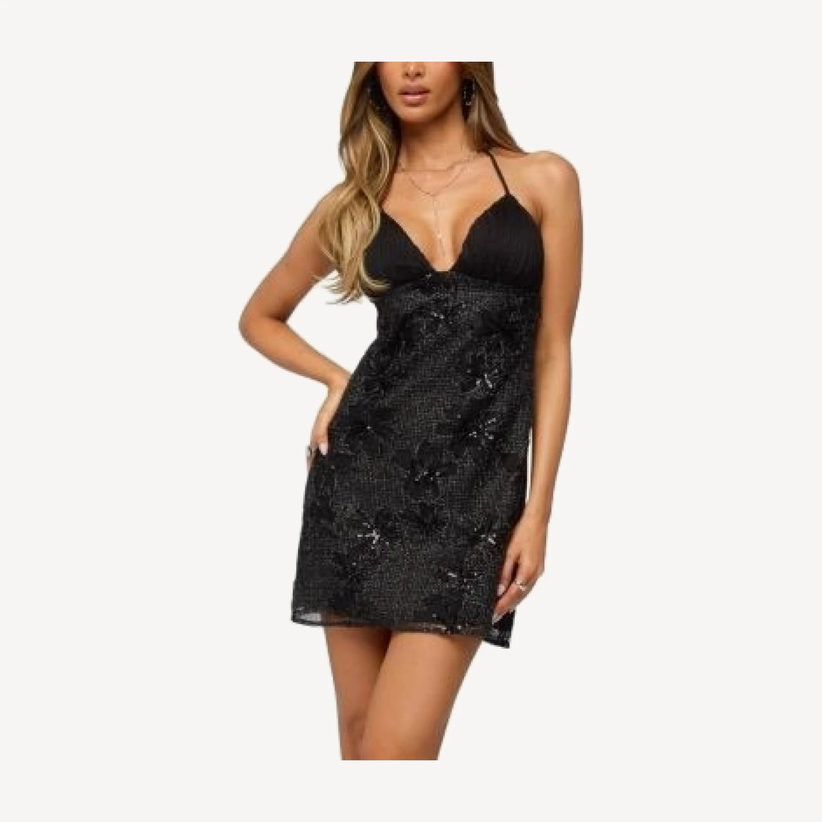 Edikted Nami Lacey Chiffon Halter Dress