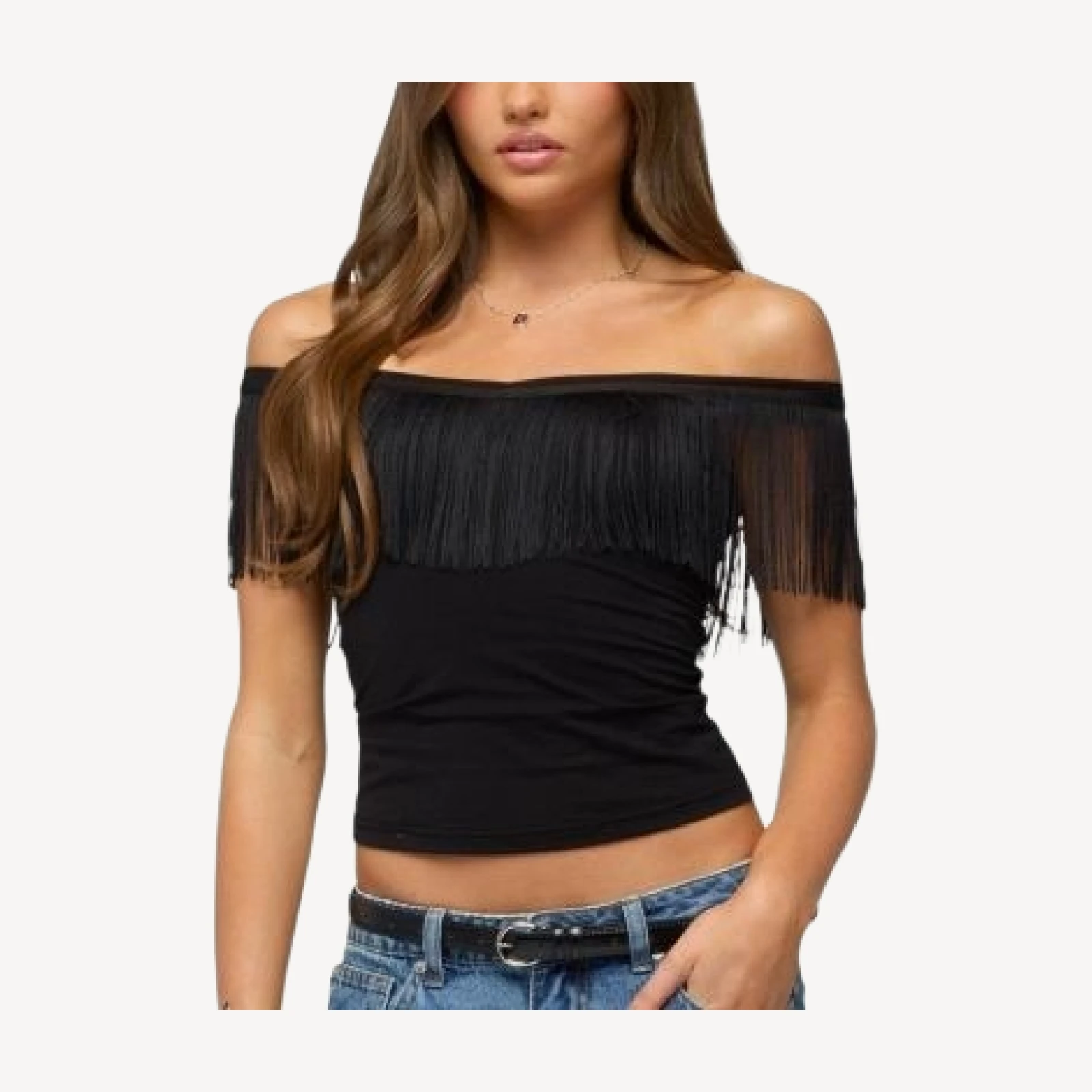 Edikted Catelina Fringe Off Shoulder Top