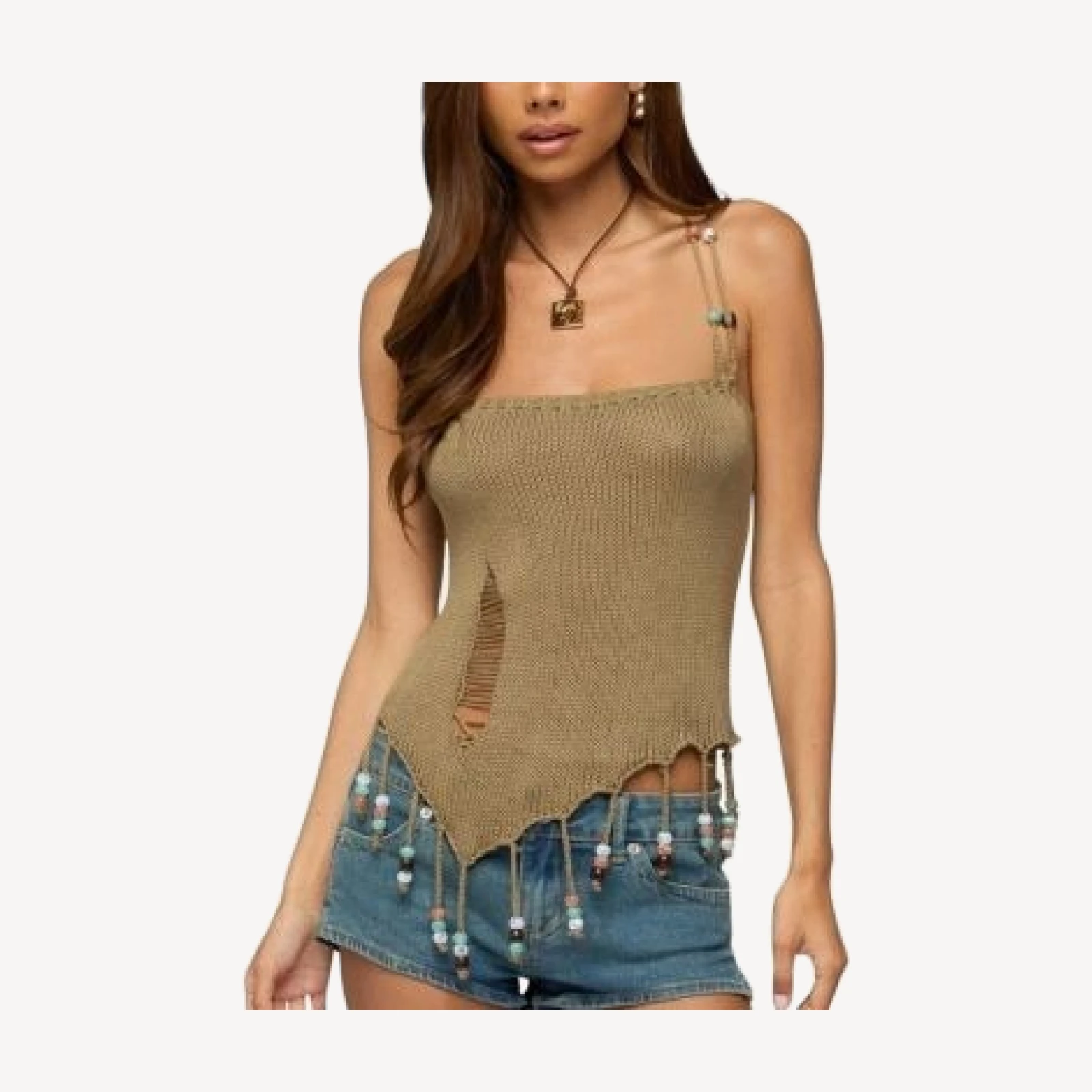 Edikted Fernie Bead Fringe Knit Top
