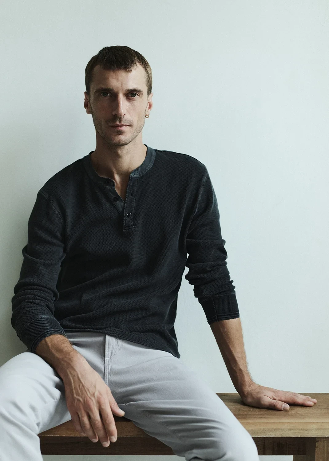 Waffle Three Button Henley in Charred Cedar