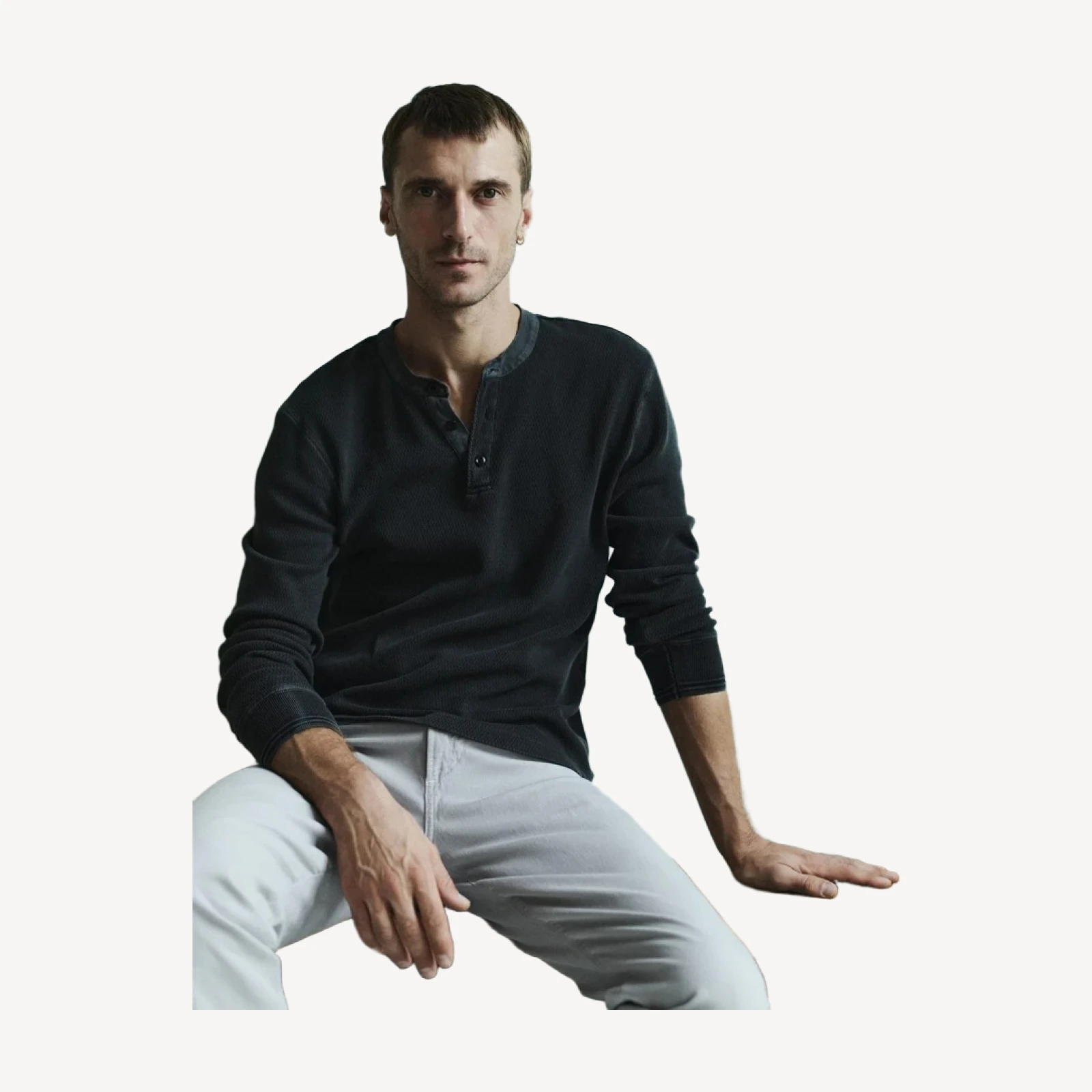 Waffle Three Button Henley in Charred Cedar