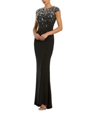Mac Duggal Crystal Embellished Jersey Fitted Cap Sleeve Gown