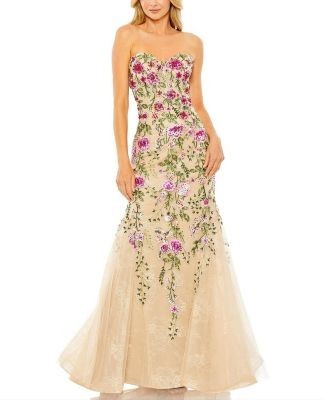 Mac Duggal Strapless Sheer Bustier Embroidered Mermaid Gown