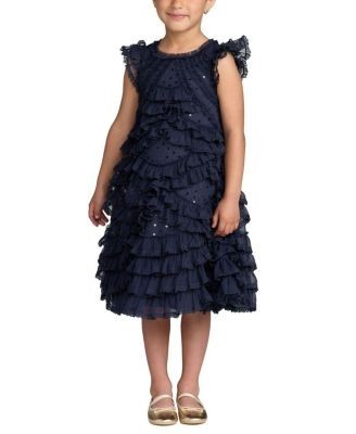 Mac Duggal Girls' High Neck Cap Sleeve Micro Ruffle Dress - Little Kid, Big Kid