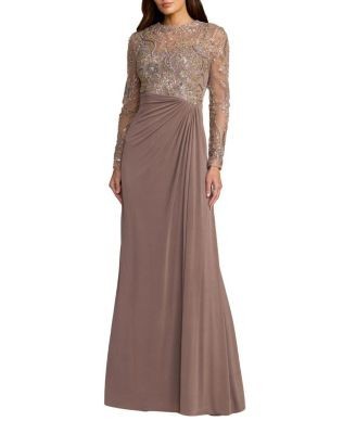 Mac Duggal Sequin Embroidered Long Sleeve Jersey Skirt Gown