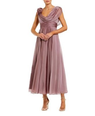 Mac Duggal Chiffon Cowl Neck Midi Dress With 3D Flowers