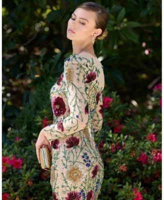 Mac Duggal Long Sleeve Sheer Bustier Floral Embroidered Dress