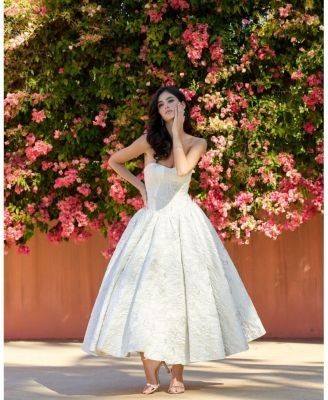 Mac Duggal Brocade Strapless Dropwaist Midi Dress