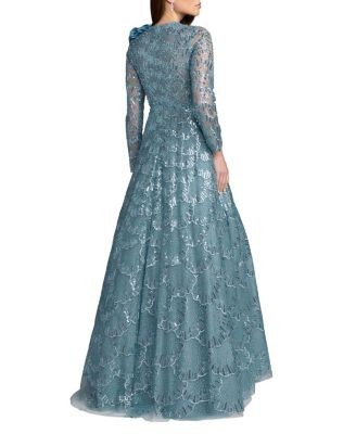 Mac Duggal Embroidered Long Sleeve Flower Detail Gown