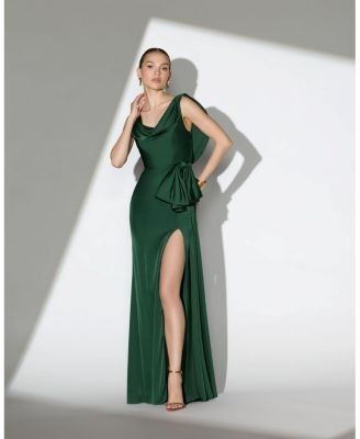 Mac Duggal Charmeuse Sleeveless Cowl Neck Gown With Bow
