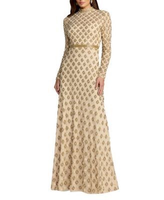 Mac Duggal Mock Neck Long Sleeve Embellished A-Line Gown