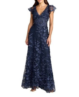 Mac Duggal Petite Floral Embroidered Lace Flutter Sleeve Gown