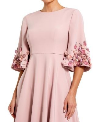 Mac Duggal Petite Crepe 3/4 Sleeve A-line Gown With Flower Trim