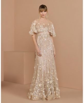 Mac Duggal Petite Embellished Cape Sleeve Mermaid Gown