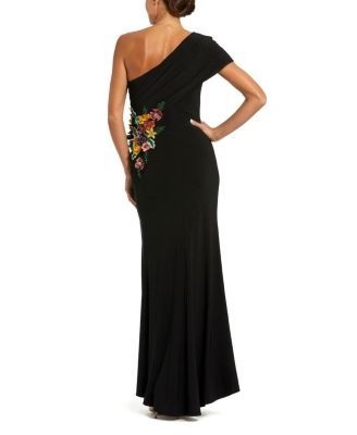Mac Duggal One Shoulder Jersey Gown with Beaded Floral Applique