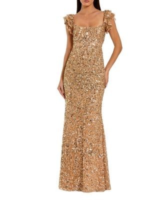 Mac Duggal Sequin Mesh Ruffle Sleeve Trumpet Evening Gown