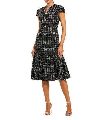 Mac Duggal Button Up Cap Sleeve Boucle A Line Midi Dress