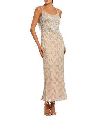 Mac Duggal Thin Strap Fringe Beaded Mesh Dress