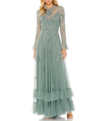 Mac Duggal Embellished Long Sleeve Ruffle Gown