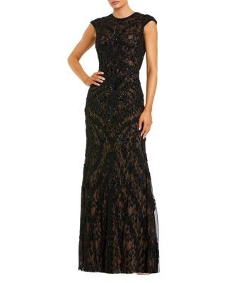 Mac Duggal Petite Beaded Lace Mesh High-Neck Sleeveless Column Gown