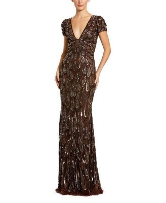 Mac Duggal Petite Beaded Sequin V-Neck Cap Sleeve Fitted Column Gown