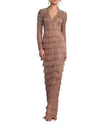 Mac Duggal Petite Beaded Long Sleeve Fringe Column Gown