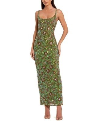 Mac Duggal Petite Beaded Mesh Sleeveless Scoop Neck Ankle Dress