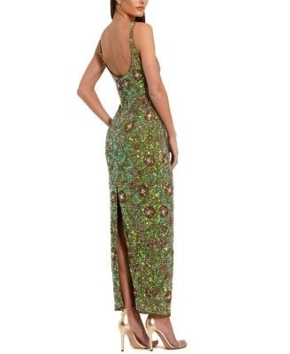 Mac Duggal Petite Beaded Mesh Sleeveless Scoop Neck Ankle Dress