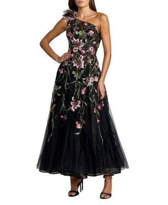 Mac Duggal Embroidered Floral One Shoulder A-Line Dress