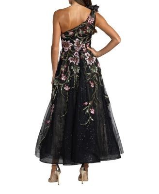 Mac Duggal Embroidered Floral One Shoulder A-Line Dress