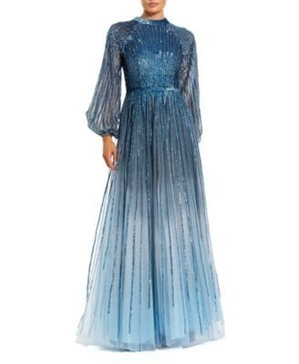 Mac Duggal Petite Ombre Beaded Bishop Sleeve A-Line Gown