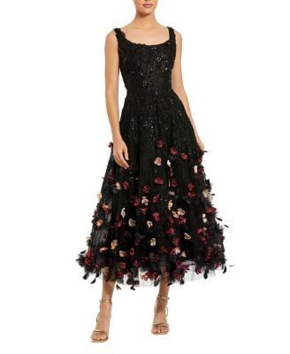 Mac Duggal Petite Sleeveless Beaded Midi Dress With 3D Flowers