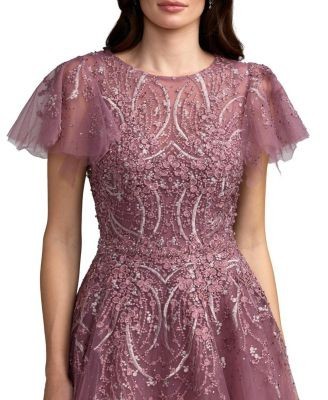 Mac Duggal Embroidered Tulle Flutter Sleeve Ball Gown
