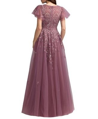 Mac Duggal Embroidered Tulle Flutter Sleeve Ball Gown