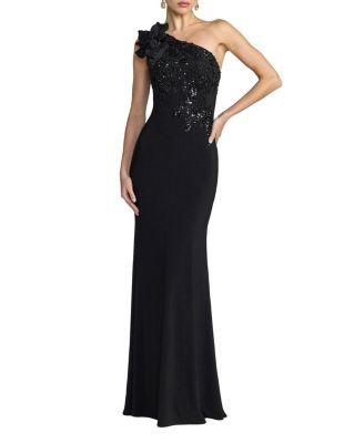 Mac Duggal Embroidered Jersey One Shoulder Gown with 3D Flower