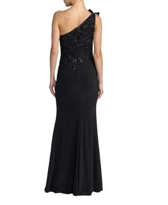 Mac Duggal Embroidered Jersey One Shoulder Gown with 3D Flower
