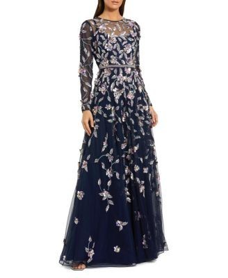 Mac Duggal Petite Long Sleeve Mesh Gown with Beaded Floral Applique