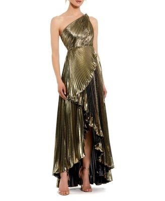 Mac Duggal Petite Pleated Metallic One Shoulder High Low Gown