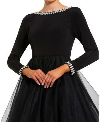 Mac Duggal Petite Embellished Jersey Long Sleeve Ballgown With Tulle Skirt