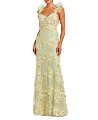 Mac Duggal Embroidered Lace Floral Gown with Ruffle Straps