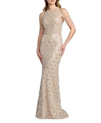 Mac Duggal Draped Pearl Embellished Column Gown