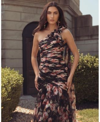 Mac Duggal One Shoulder Floral Printed Chiffon Gown